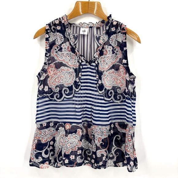 Cabi Peplum Blouse #5349, Mixed Print Semi-Transparent V-Neck Sleeveless Top, XS - Picture 13 of 16